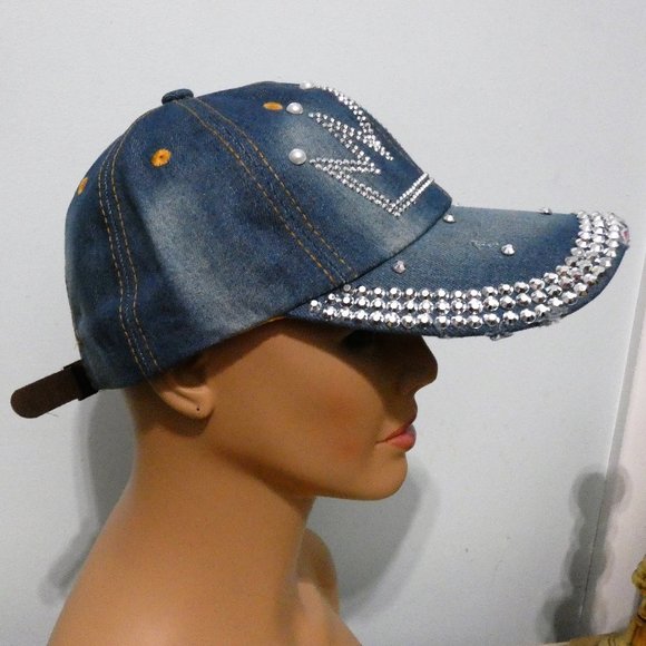 Frayed denim cap with crown tiara of sparkling silver metal faced riveted beads main image 6
